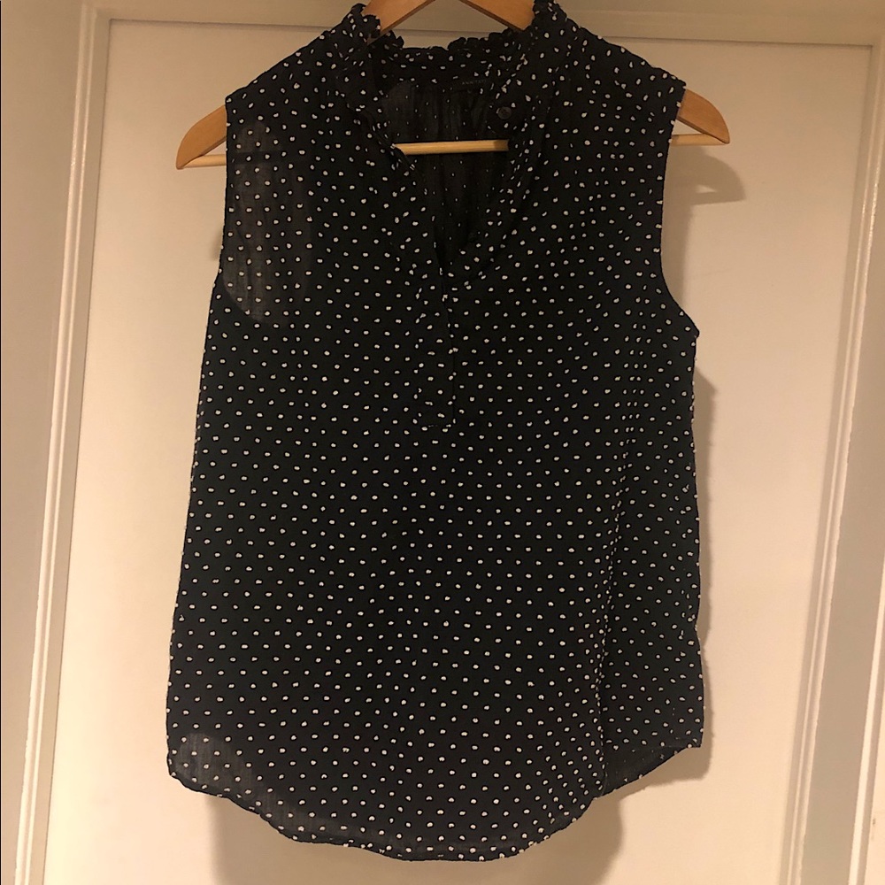 Ann Taylor Polka Dot Ruffled Shell Top Navy Blue